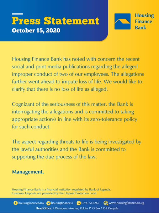 Housing Finance Bank Press Statement on Mr. Ivan Kituuka 