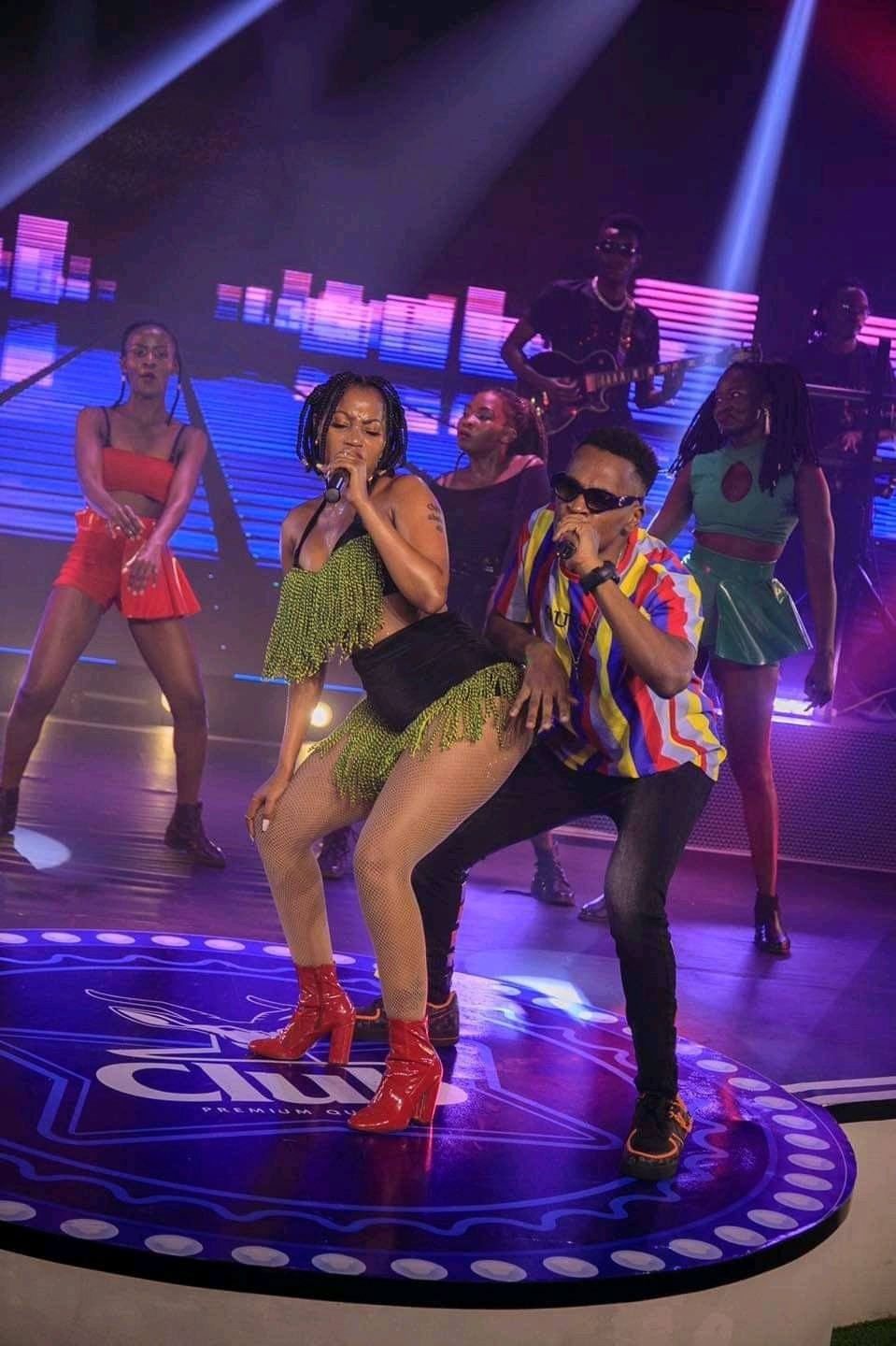 Sheebah and Panda on Stage during an online concert sponsored by club beer 