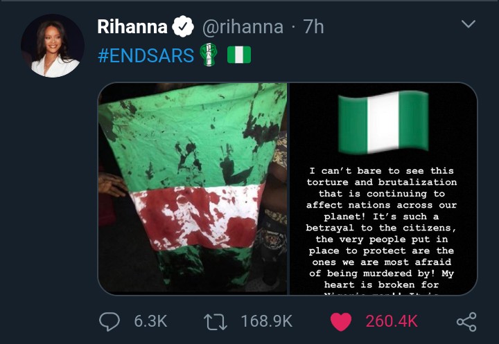 Rihanna joins #ENDSARS campaign 