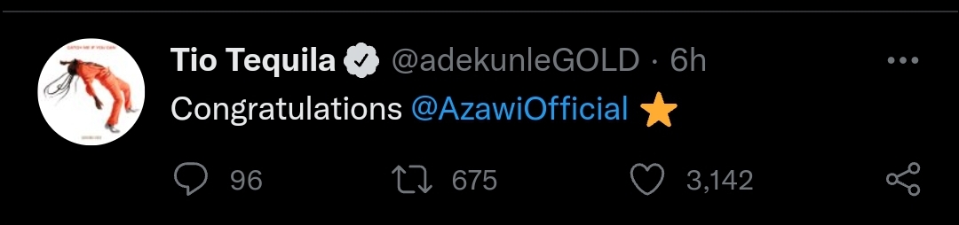 Adekunle Gold congratulates Azawi in a tweet