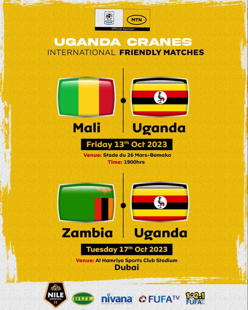 Dates, time and venue set for Uganda Cranes upcoming friendlies 