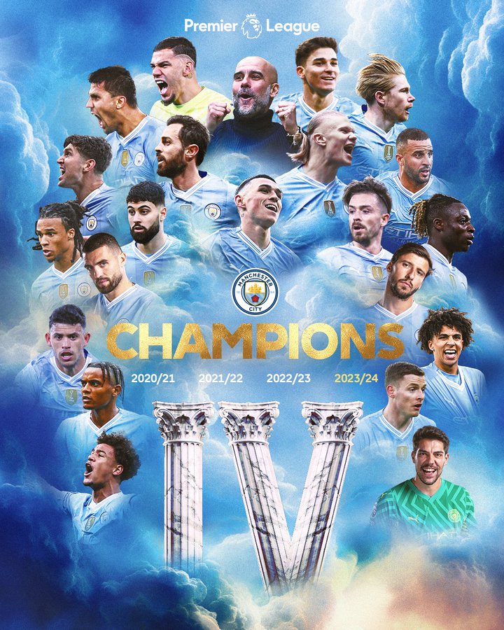 Manchester City win record fourth Premier League title in a row.